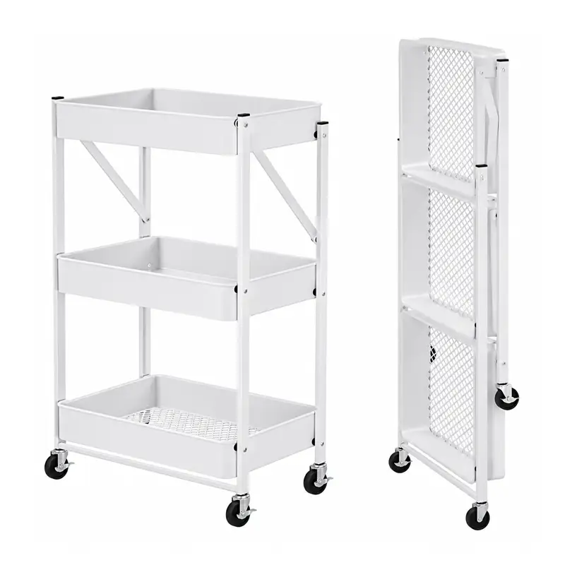 Carrito organizador metálico plegable | 3 niveles | Ruedas | Blanco | LemonPie - Imagen 2