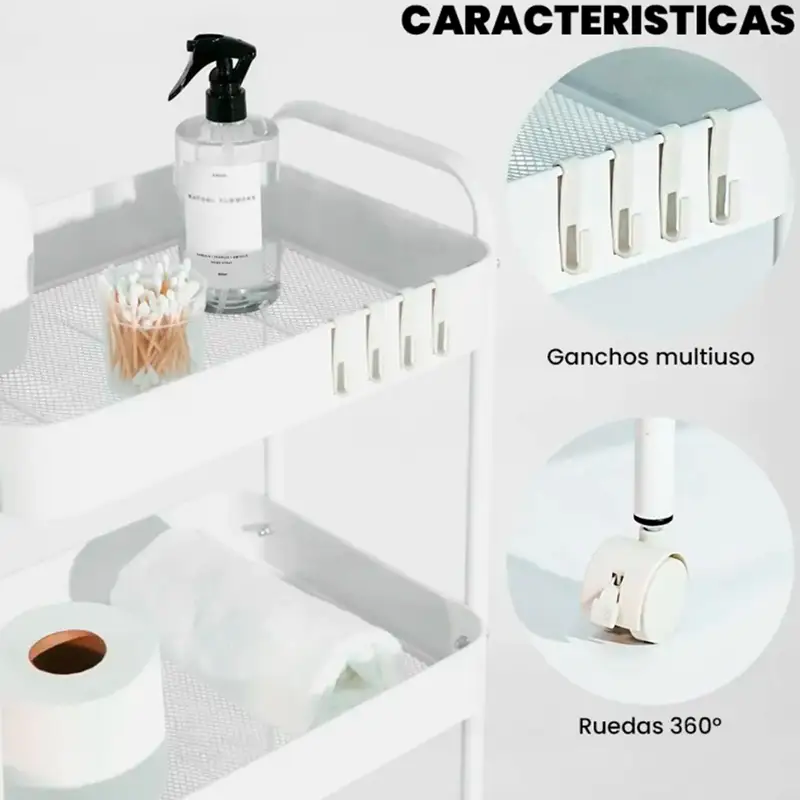Carrito organizador metálico | 3 niveles | Ruedas | Blanco | LemonPie - Imagen 2